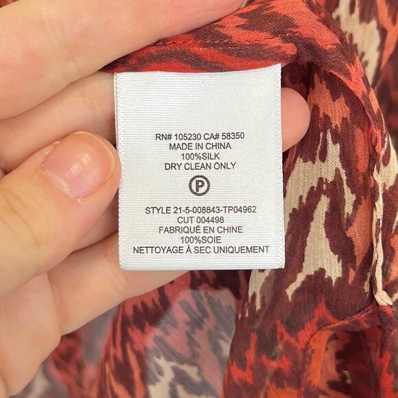 JOIE Bremene Sheer Silk Tunic Top Lace Up V Neck Printed Orange Red Brown Size L - Picture 8 of 9